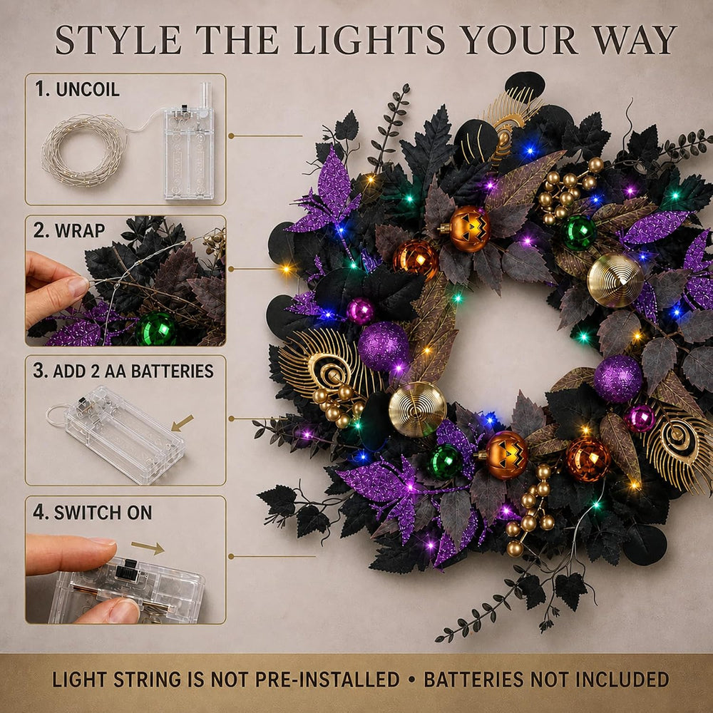 22-Inch Black and Purple Halloween Wreath for Front Door with Light String