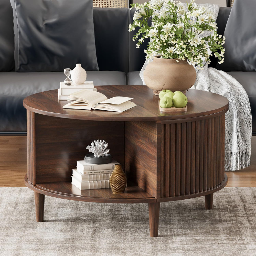 Lift Top Coffee Table with Storage, Fluted Round Center Table with Sliding Ca...