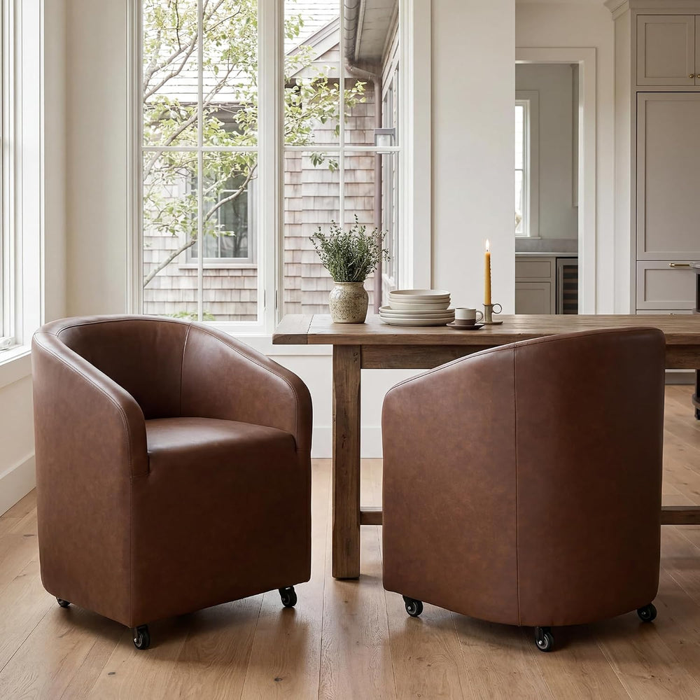 CIMOTA Brown PU Leather Barrel Dining Chairs with Wheels, Set of 6 — Modern U...