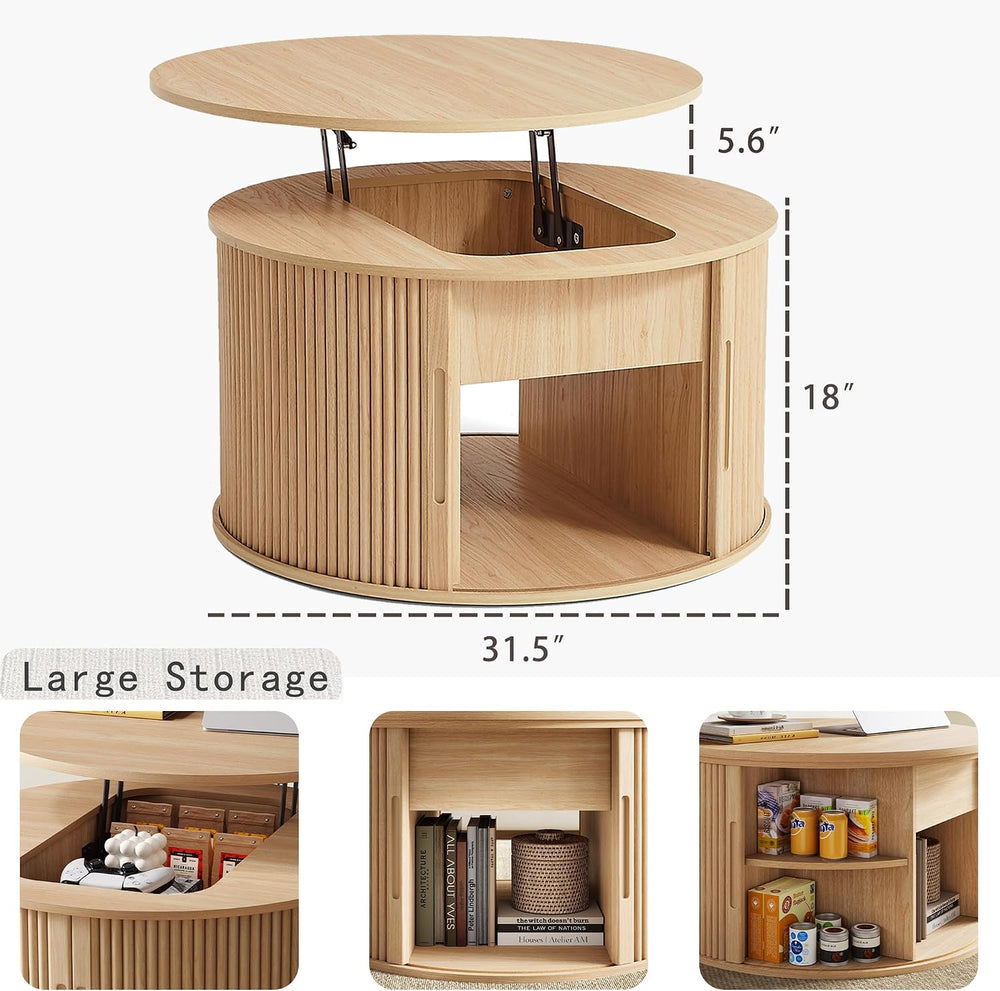 LINSY Lift Top Coffee Table, Round Fluted Coffee Table with Storage, Boho Woo...