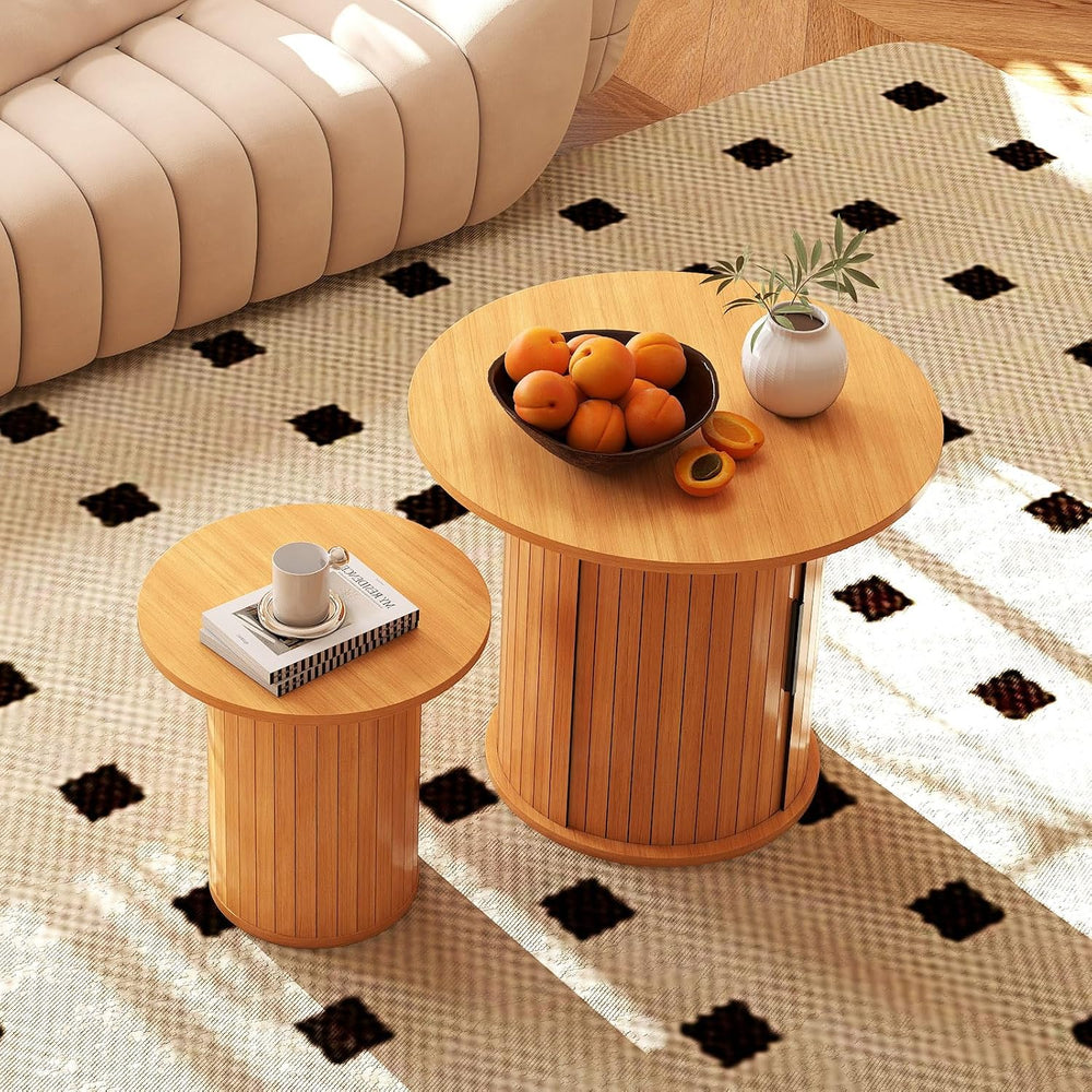 Round Wood Coffee Table with Storage, Small Circle Tables for Small Spaces