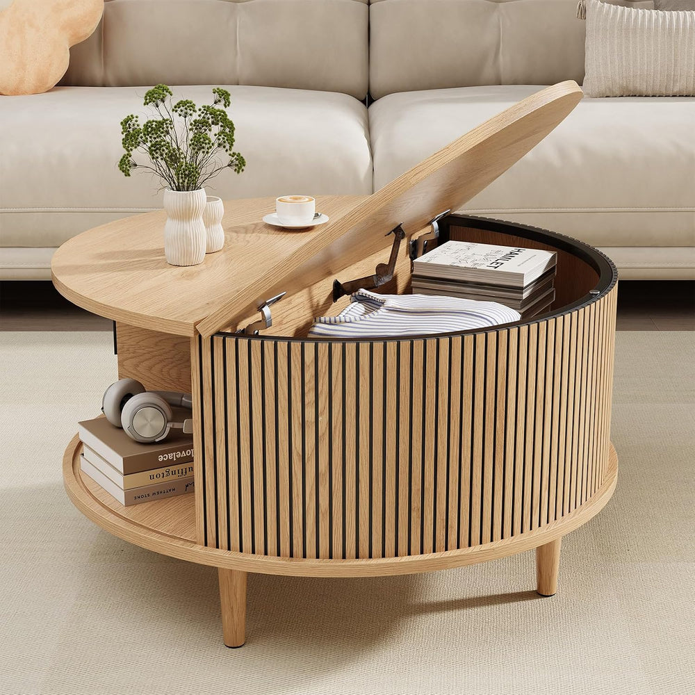 Round Coffee Table with Storage, Mid Century Modern Coffee Table, Fluted Dini...