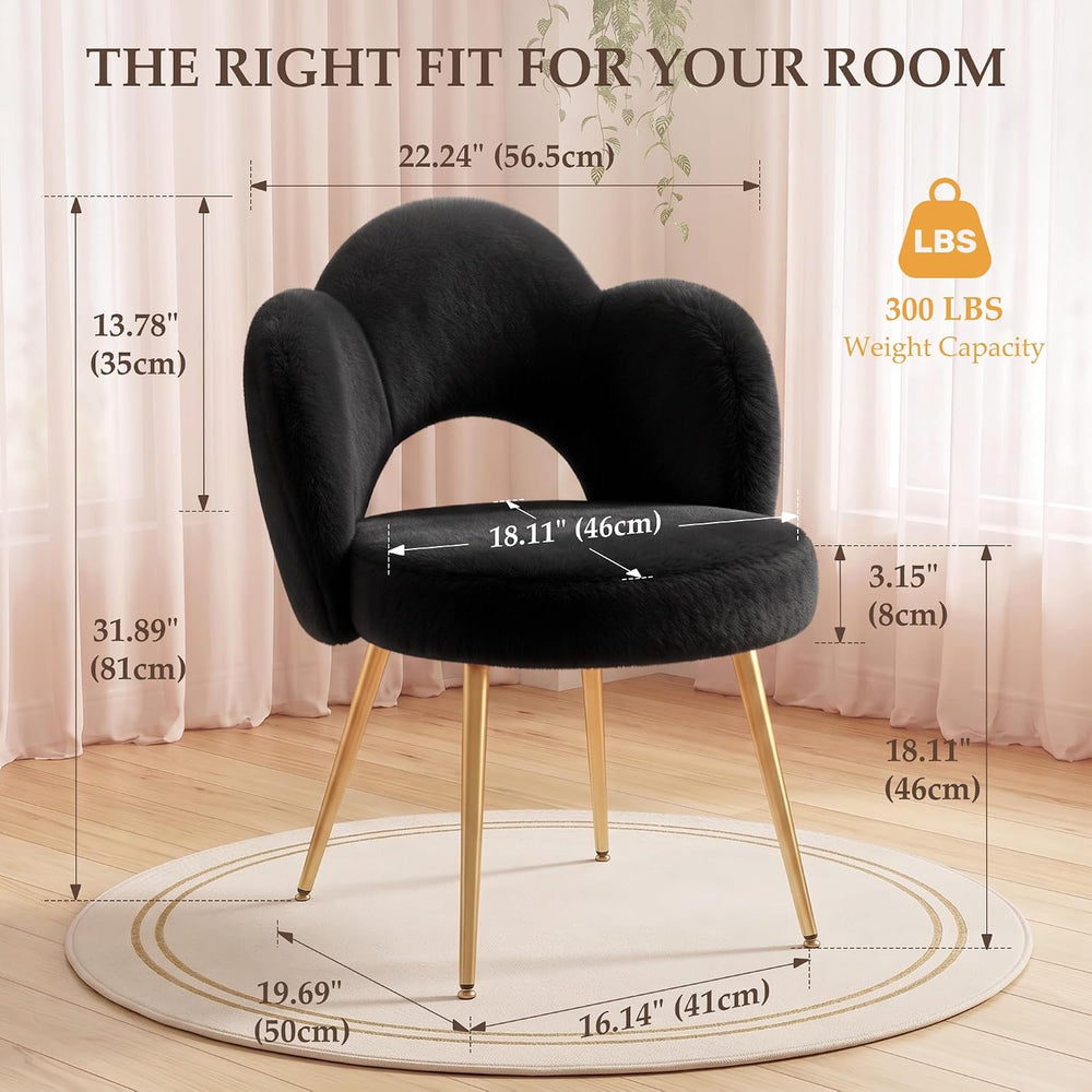 Fluffy Vanity Chair with Back, Makeup Chair with Gold Legs, Black