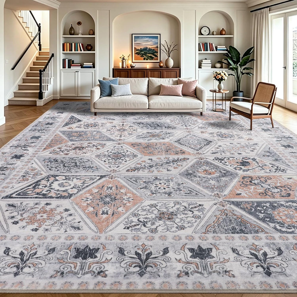 Moroccan Patchwork Washable Area Rug 6x9 for Living Room, Ivory Beige