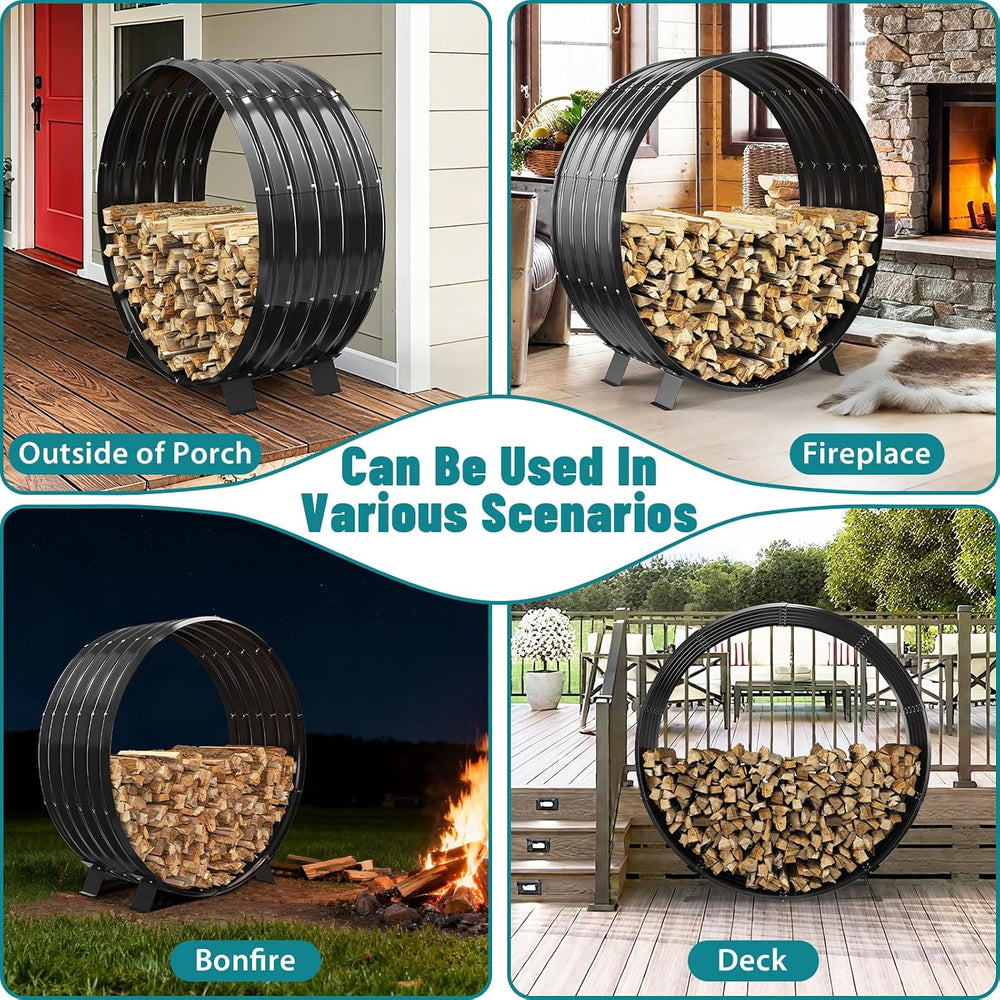 Round Heavy Duty Firewood Rack – Galvanized Wave-Shaped Steel with 4 Sturdy L...