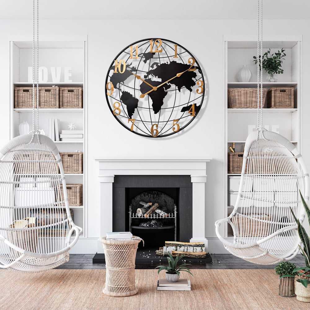 Large World Map Wall Clock Metal Minimalist Modern Round Silent Wall Decor