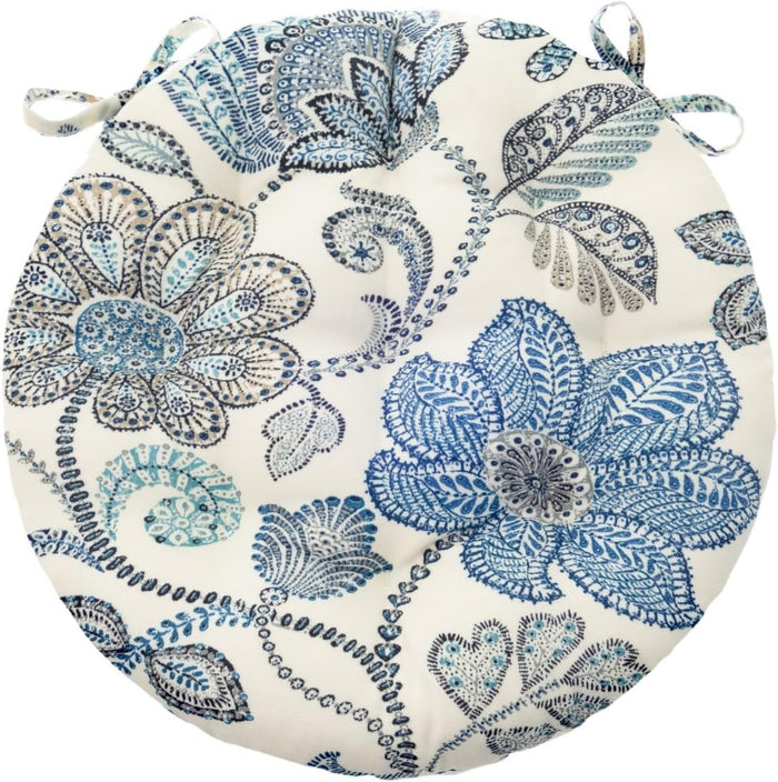 Barnett Home Decor 16" Round Bistro Cushion - Boutique Floral - Indoor/Outdoor: Fade, Weather, Stain Resistant - Latex Foam Fill (Blue - White)