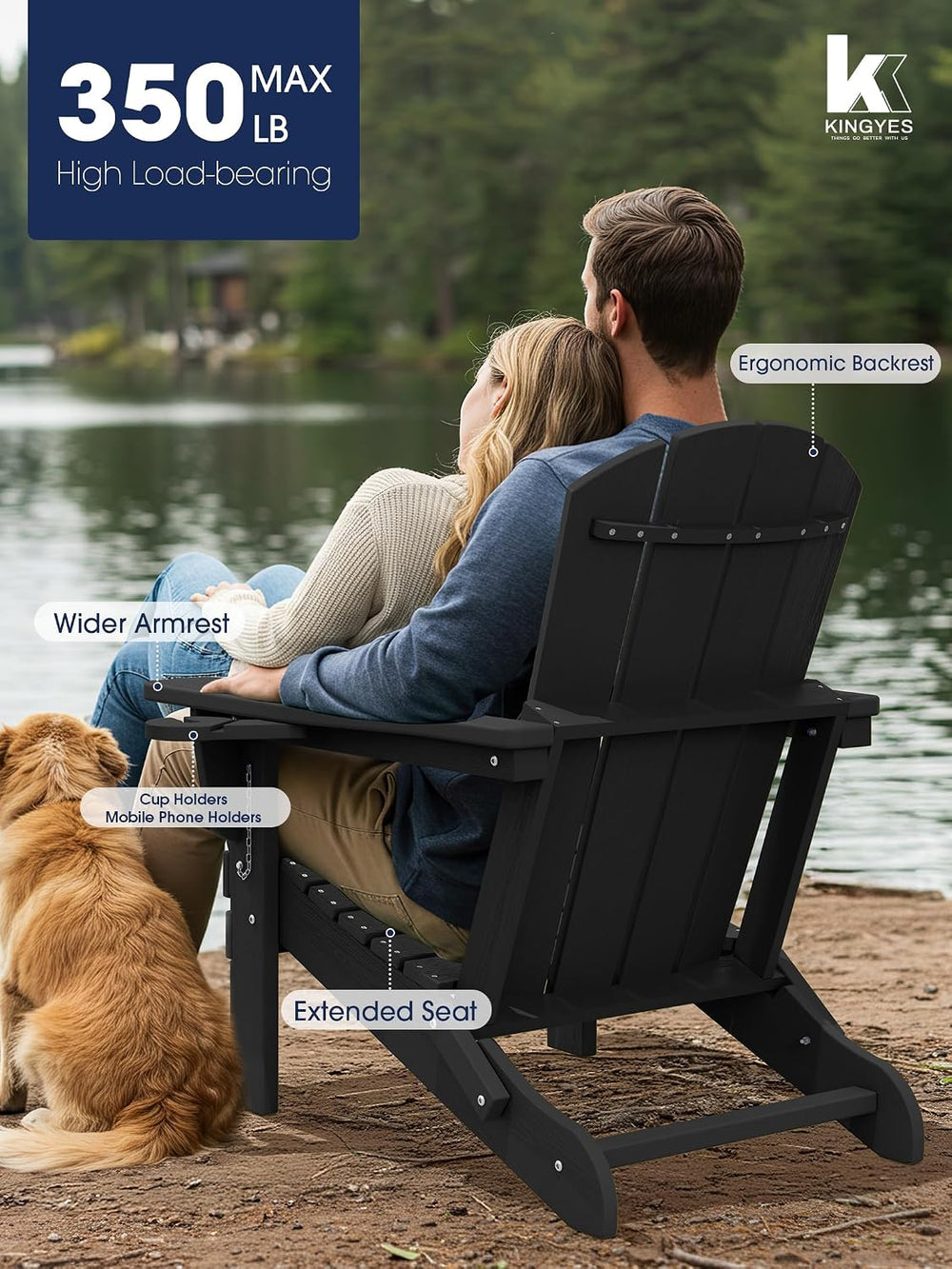 KINGYES Folding Adirondack Chair Set of 2 with 2 Cup Holders, Black