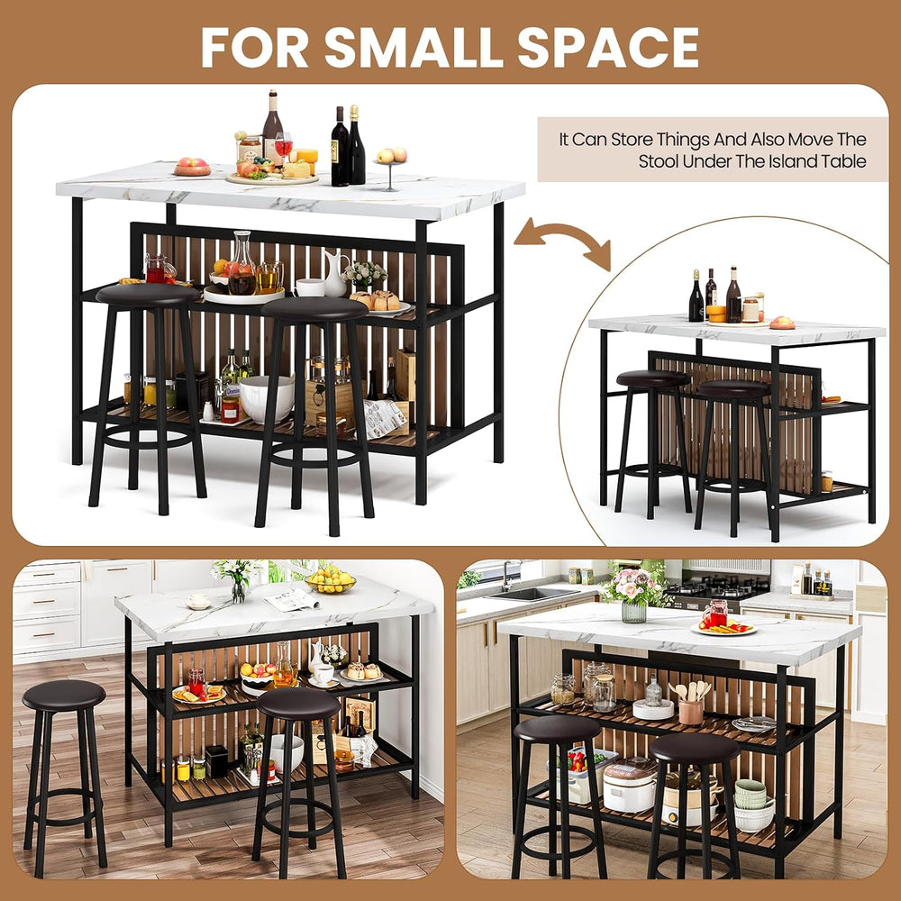 AWQM Kitchen Island with Seating & Storage, Bar Table and Chair Set, White