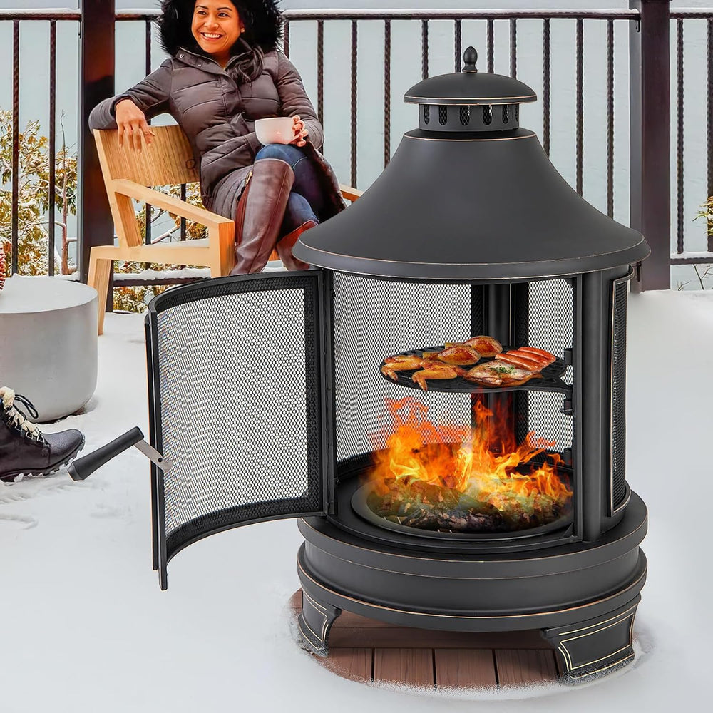 Giantex 2 in 1 Outdoor Fire Pit with Grill, 30 Inch Metal Chiminea, Wood Burn...
