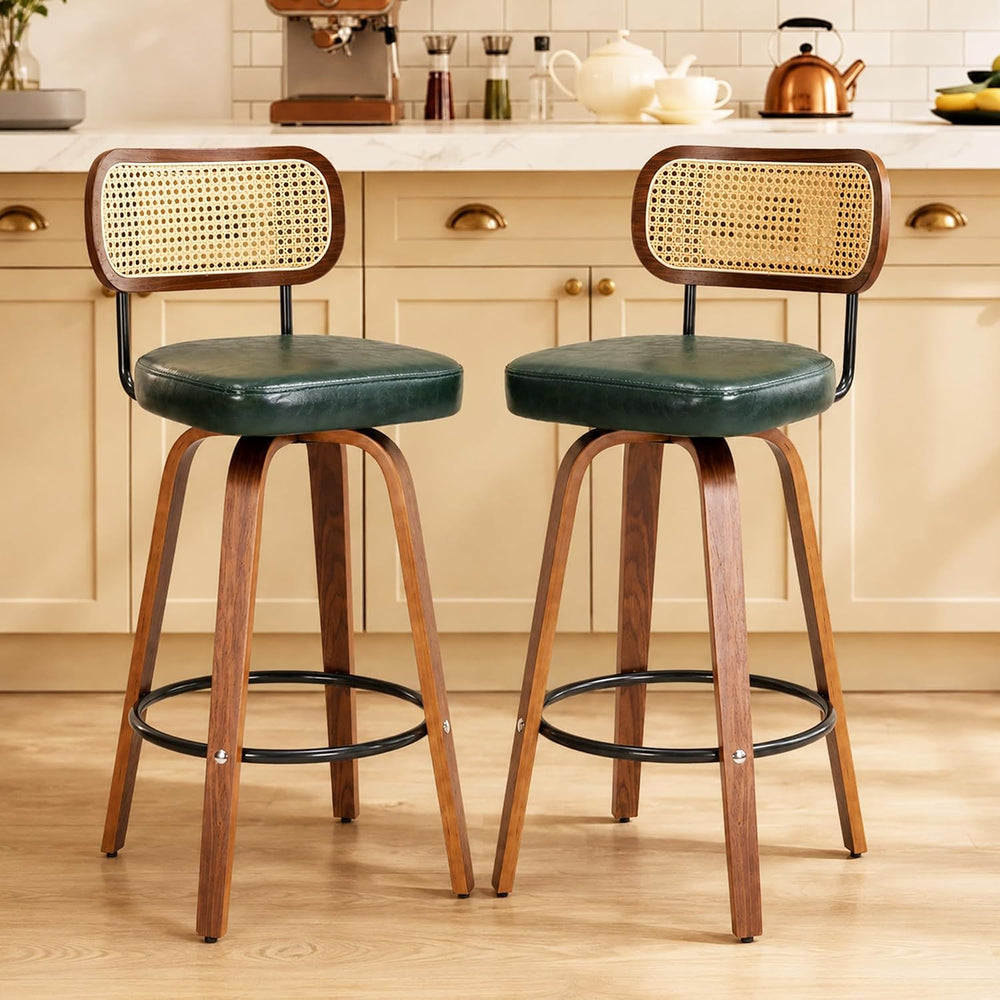 Rattan Bar Stools Set of 2,Upholstered PU Leather, 30''Counter Height...