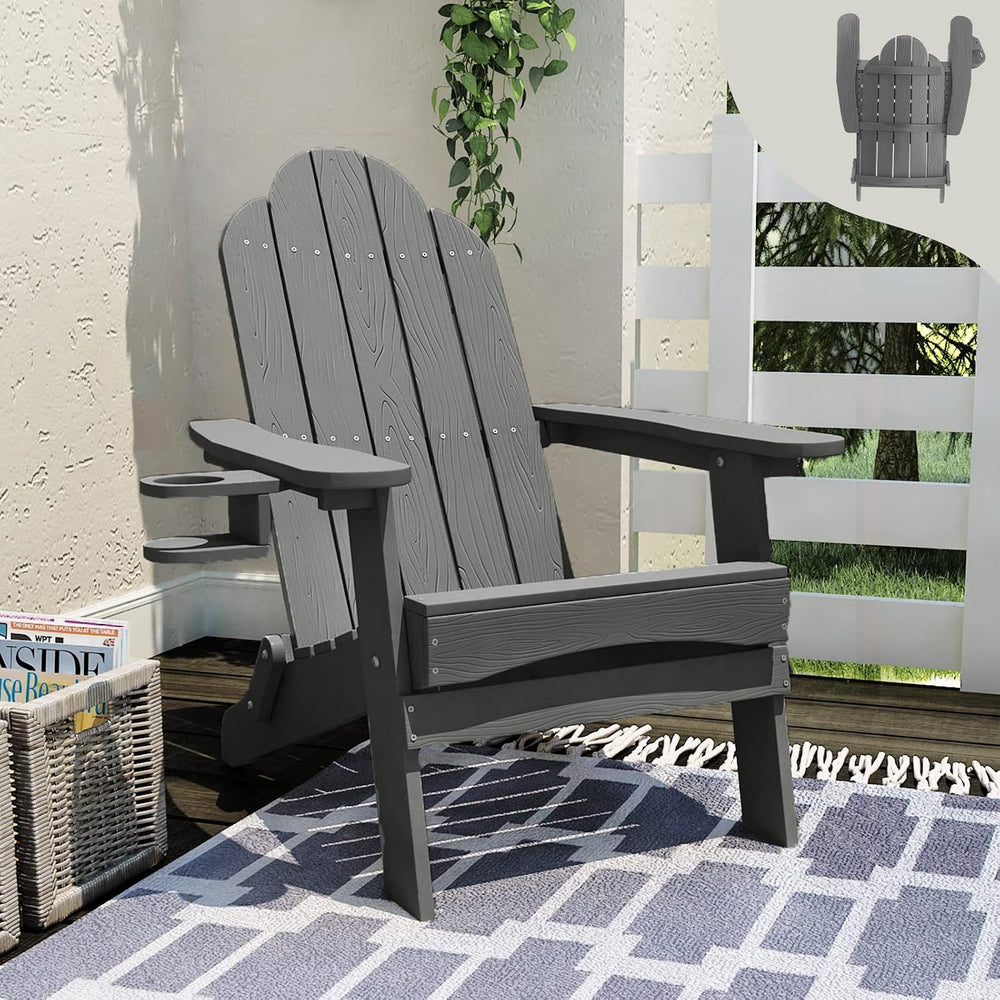 LUE BONA Folding Adirondack Chair, Cup Holder, Woodgrain, Fire Pit, Patio, Po...