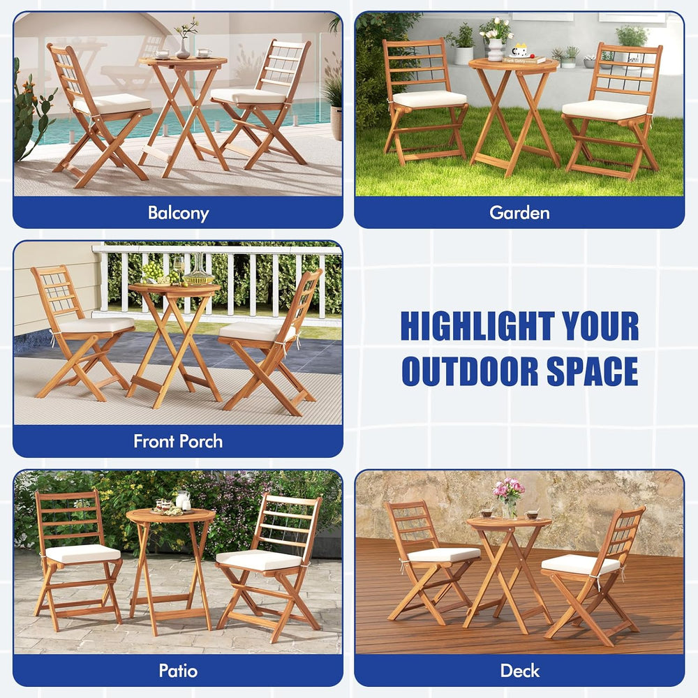 ORALNER 3-Piece Folding Patio Bistro Set, Small Outdoor Acacia Wood Balcony F...