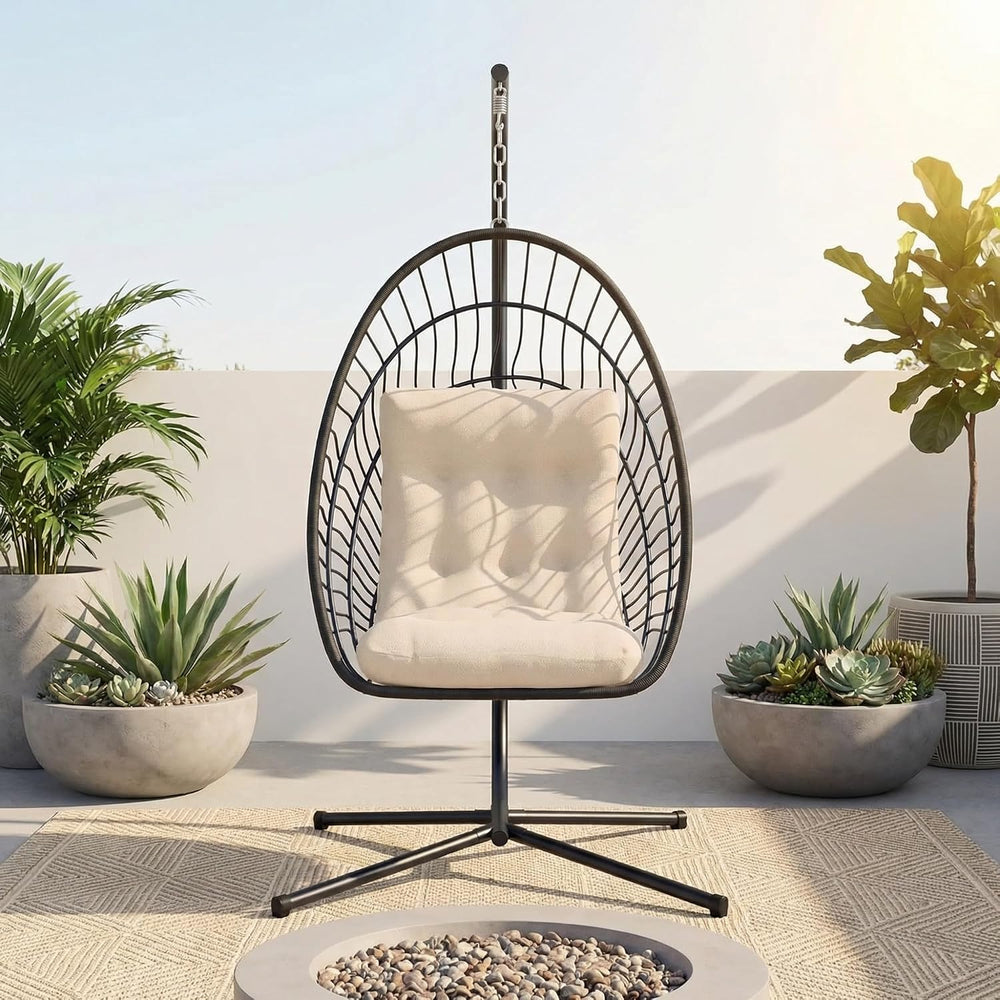 Kingdura Hanging Egg Chair with Stand Indoor Outdoor, Foldable Rattan Wicker ...