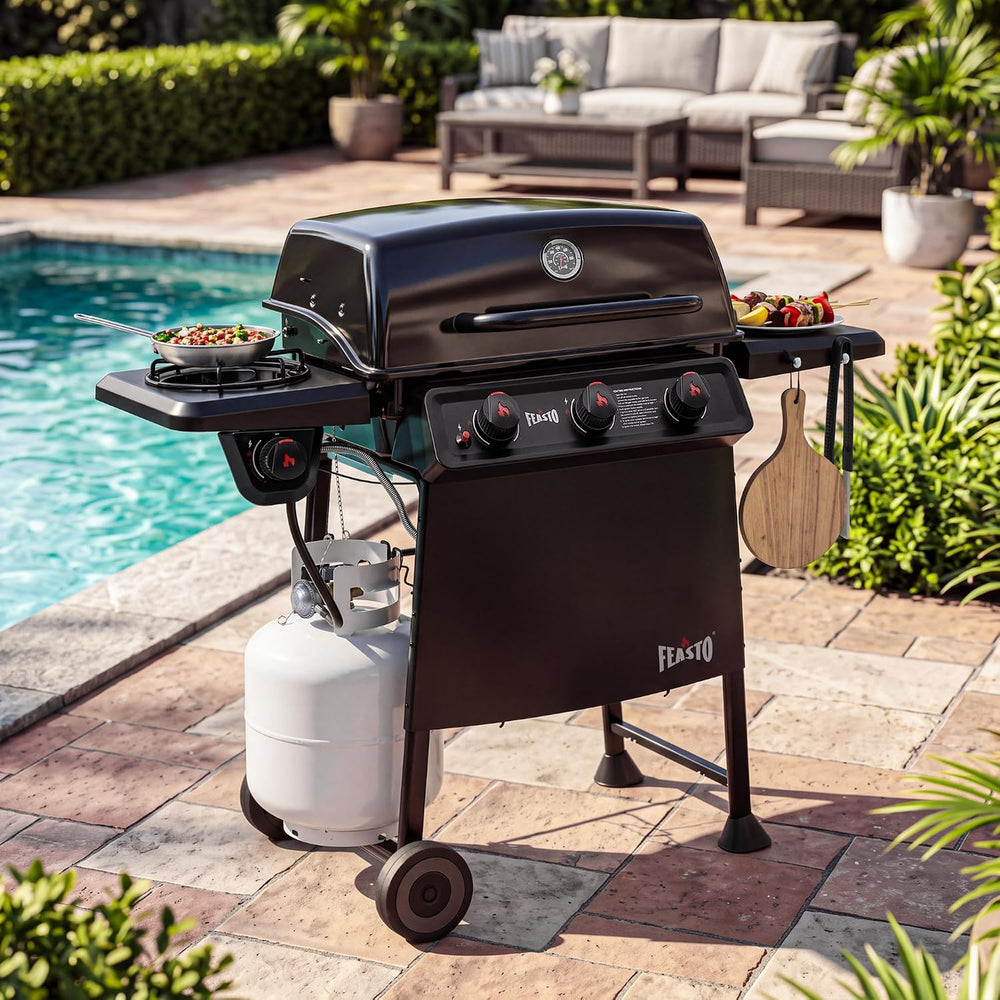 Feasto 3-Burner Propane Gas Grill with Side Burner for Outdoor Cooking