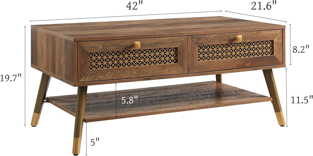 Wooden Mid Century Modern Coffee Table, Retangle Coffee Table with Two Drawer...