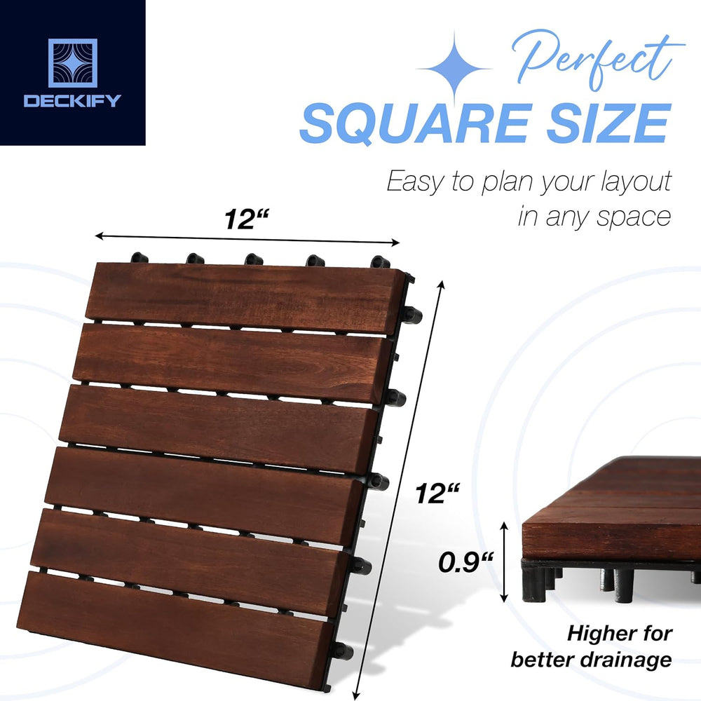 9-Piece Acacia Wood Interlocking Deck Tiles, Dark Brown Striped