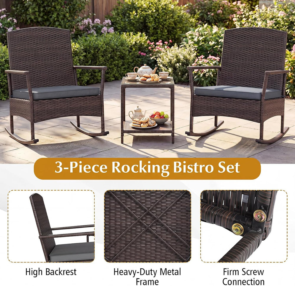 ORALNER 3 Pieces Patio Rocking Chair, Wicker Bistro Set w/Cushions (Gray)