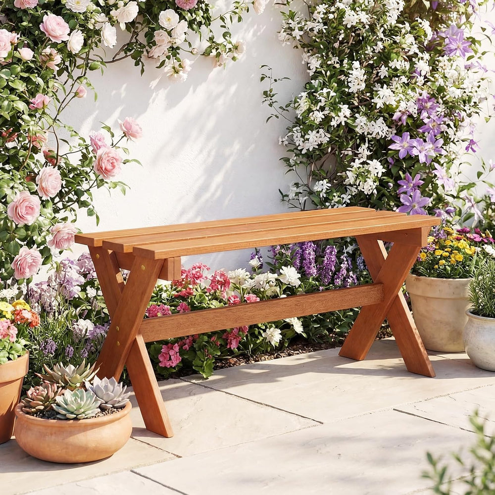 Tangkula Outdoor Wood Bench Backless, Patio Dining Bench with Teak Oil Finish...