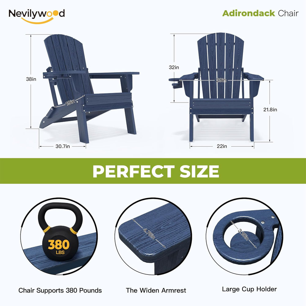 nevilywood Adirondack Chair Set of 2, HDPE Folding Outdoor Chair, Navy