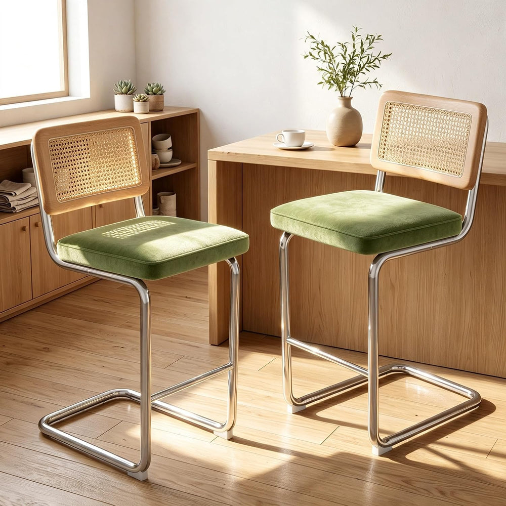 Rattan Bar Stools Set of 2 with Solid Wood Back, 26" Counter Height Bar ...