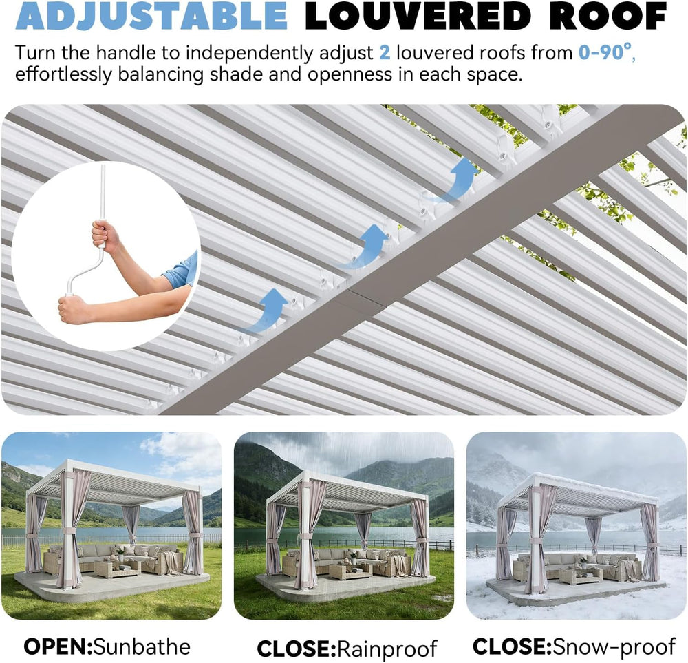 MELLCOM 10x12 Louvered Pergola Adjustable Roof w/Curtains & Mesh