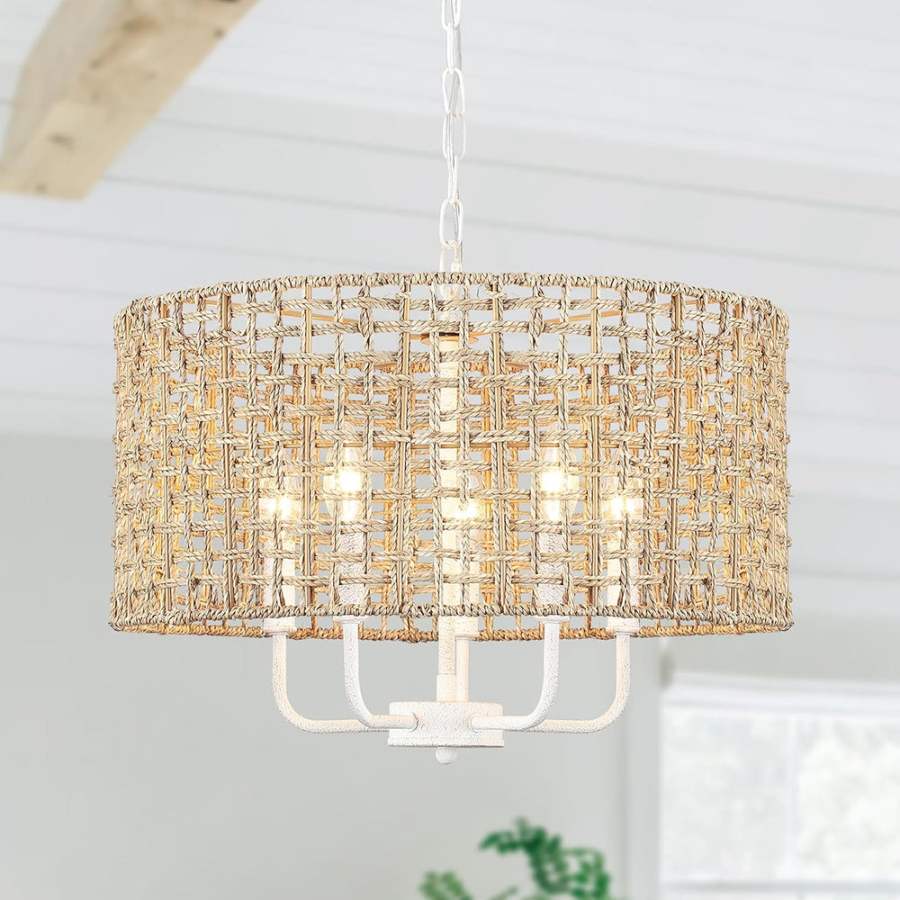 Rattan Chandelier 5-Light Farmhouse Boho Pendant Light Fixture for Dining Roo...