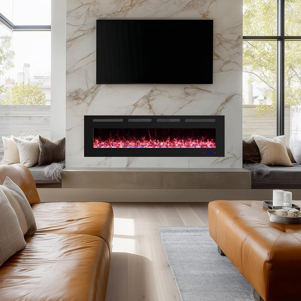 72" Ultra-Thin Electric Fireplace, Recessed/Wall, WiFi App, Black