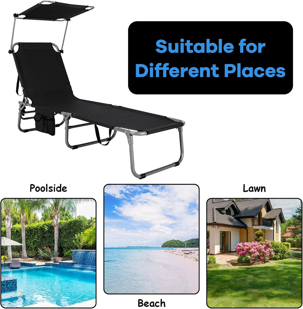 GYMAX Lounge Chair Outdoor with Canopy, 330LBS Portable Tanning Chair with Ad...