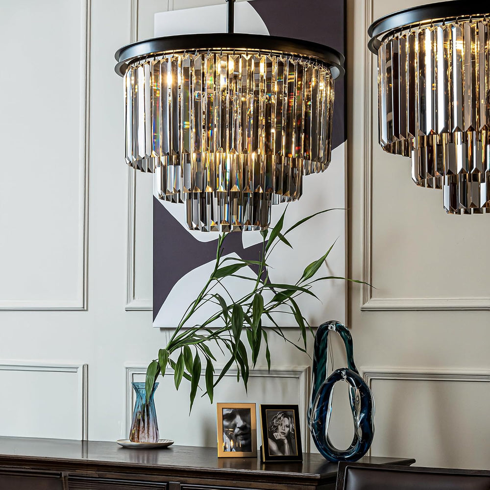ALOADECOR 6-Light W 20 in. Modern Odeon 3-Tier Round Fringe Crystal Chandelie...