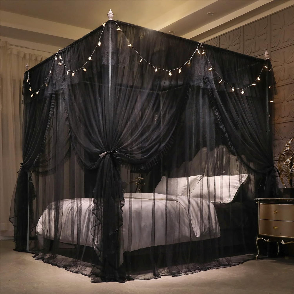 VETHIN 4 Corners Post Ruffle Princess Bed Canopy Curtain-Double Layer Cozy Dr...