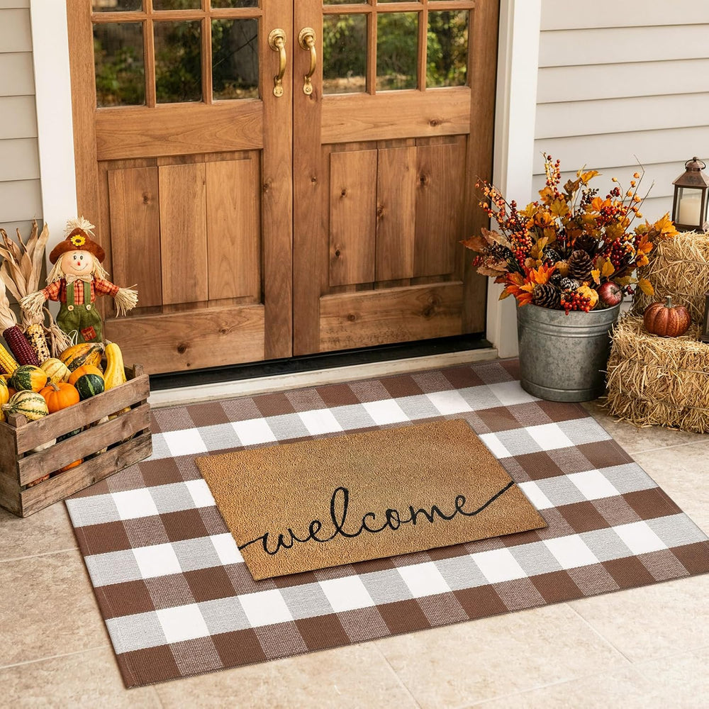 Fall Front Door Mat 3'x5' Buffalo Plaid Checkered Outdoor Rug Brown