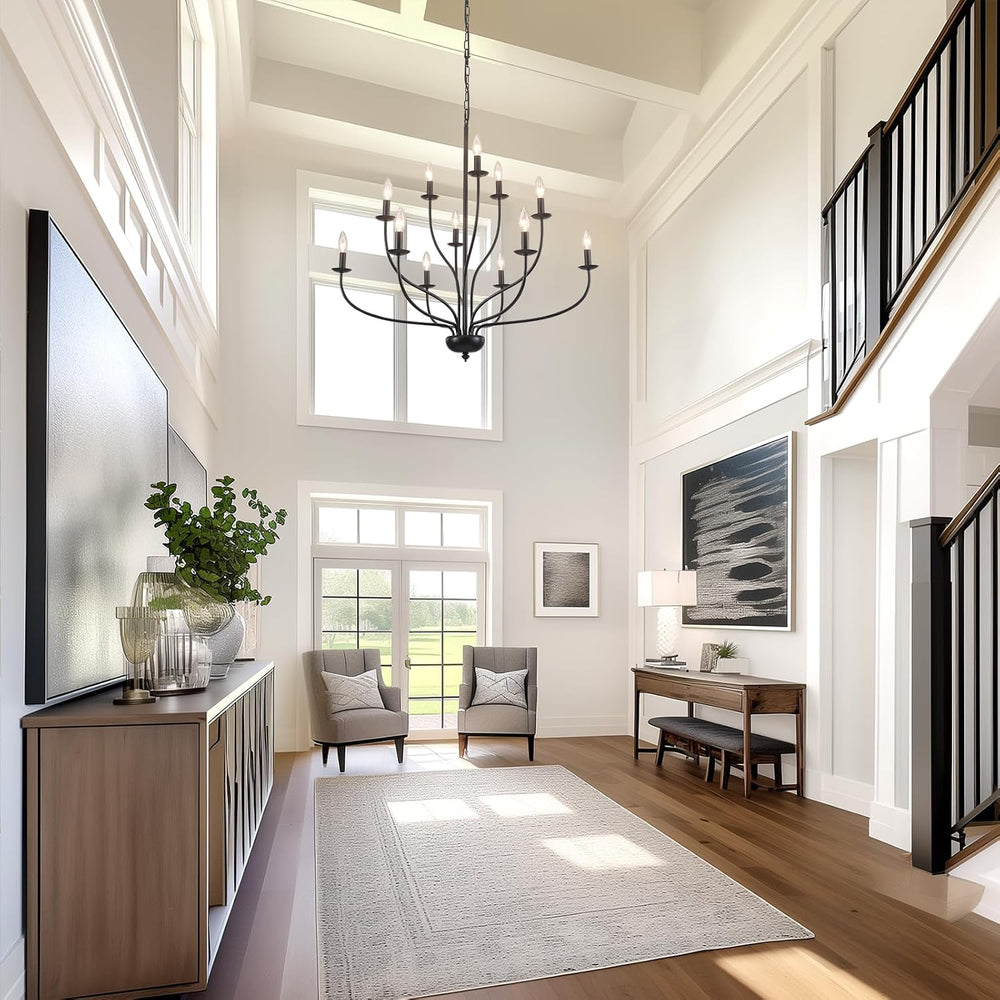 Black Chandelier 12 Light, Large Farmhouse Chandelier for Dining Room