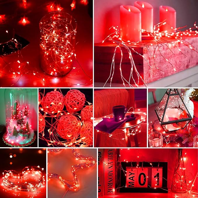 pozzolanas 100 Pack Red Battery Operated String Lights - 7ft Waterproof Fairy...