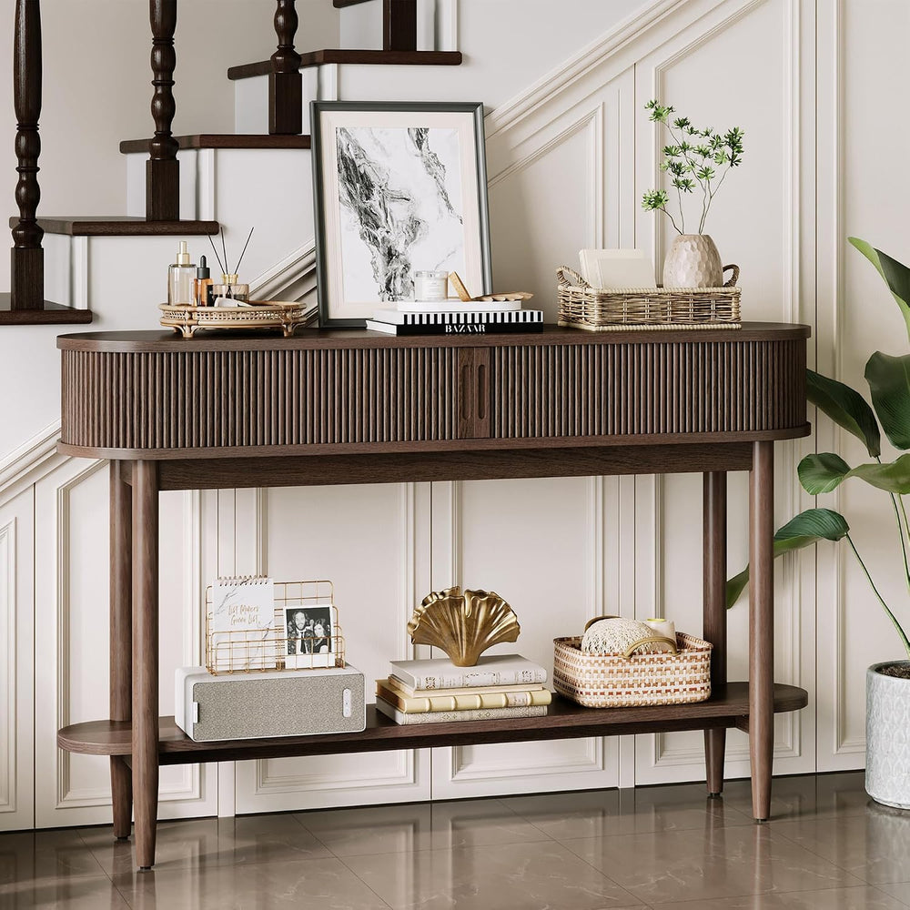 LINSY HOME Fluted Console Table, Mid-Century Modern Entryway Cabinet with Sli...