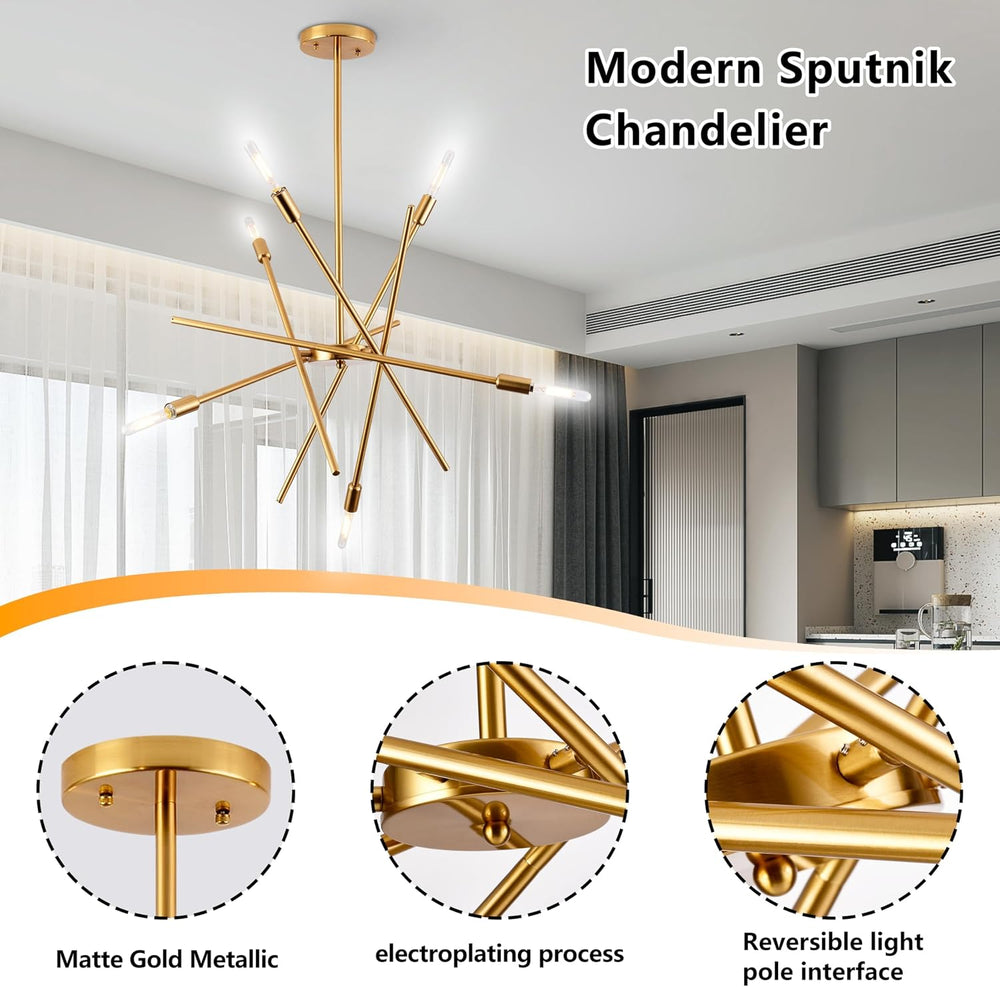 Modern 6-Lights Gold Sputnik Chandelier Dimmable Adjustable Height Contempora...