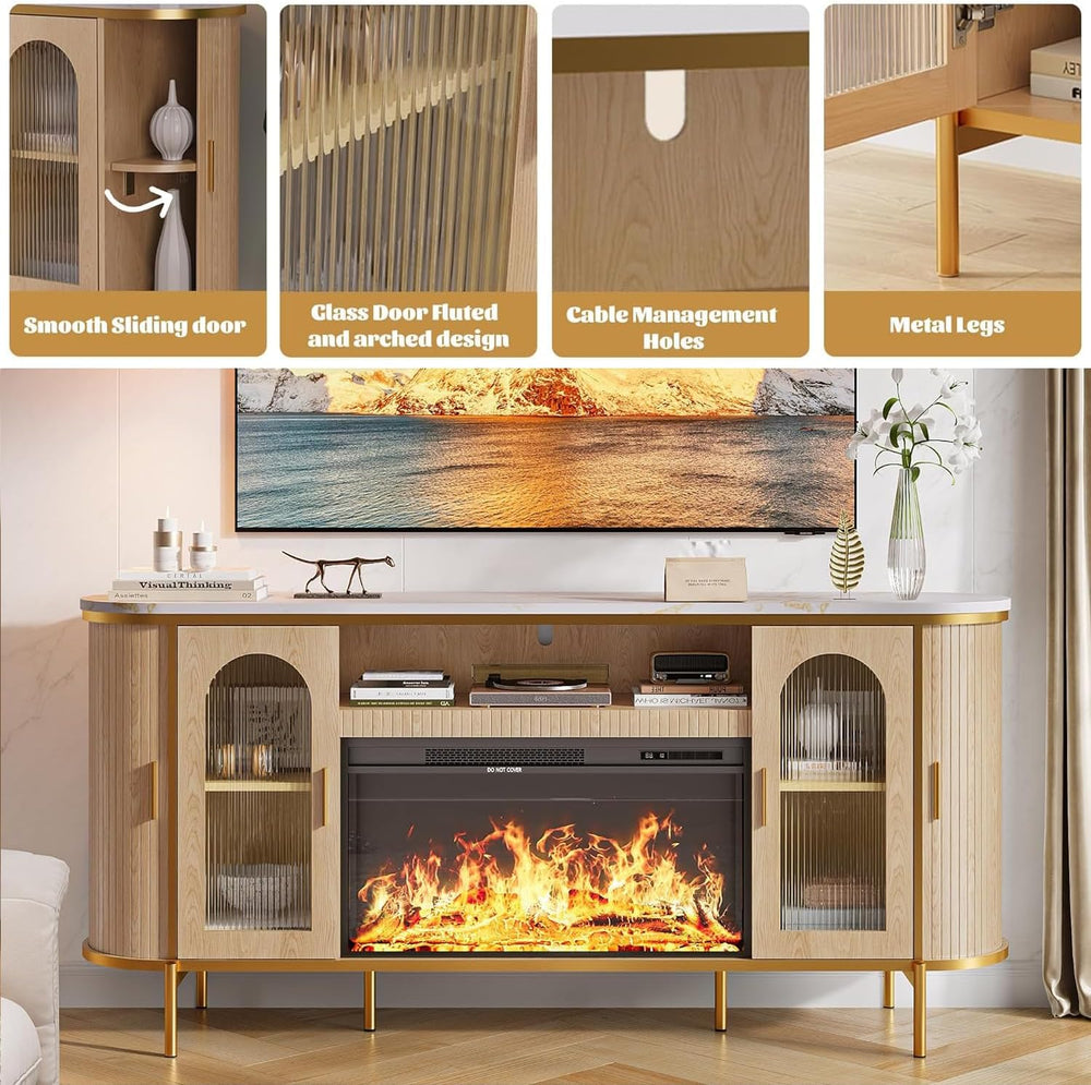 70" Fluted Fireplace TV Stand for TVs Up to 80 Inches, Entertainment Cen...