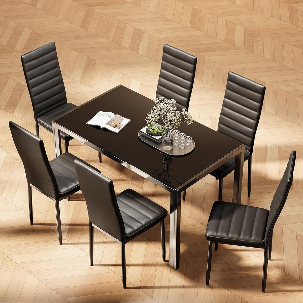 Bealife Kitchen Dining Table Set for 6, Tempered Glass 7 Piece - Black
