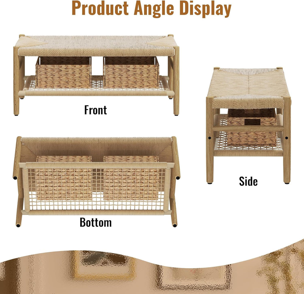 Recaceik Indoor Entryway Bench with Paper Cord Ottoman & Grid Storage Rac...
