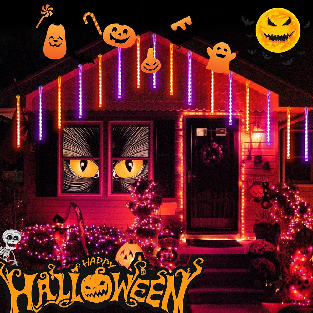 Halloween Meteor Shower Lights Outdoor 2 Pack 16 Tubes Orange and Purple