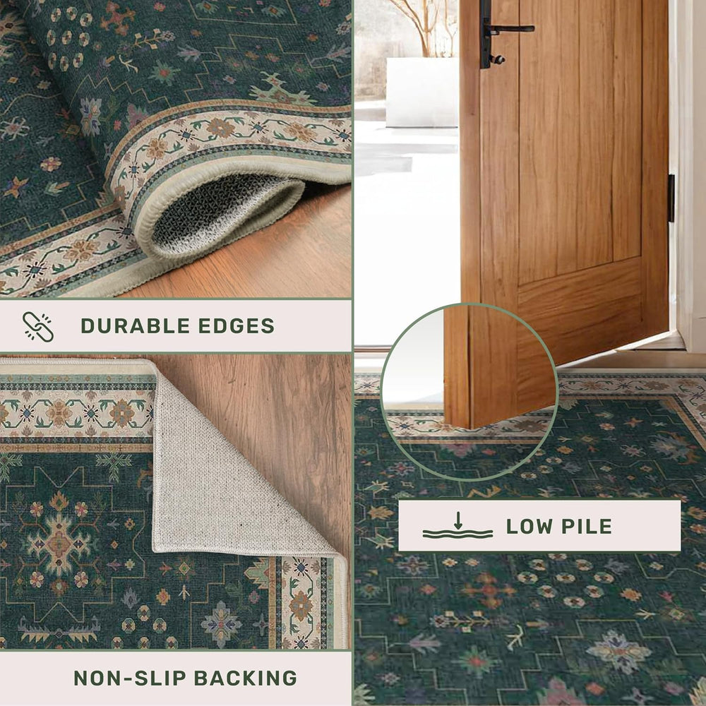 Hazo Haus Dark Green 2x6 Kitchen Rug - Modern Vintage Boho Eclectic Floral wi...