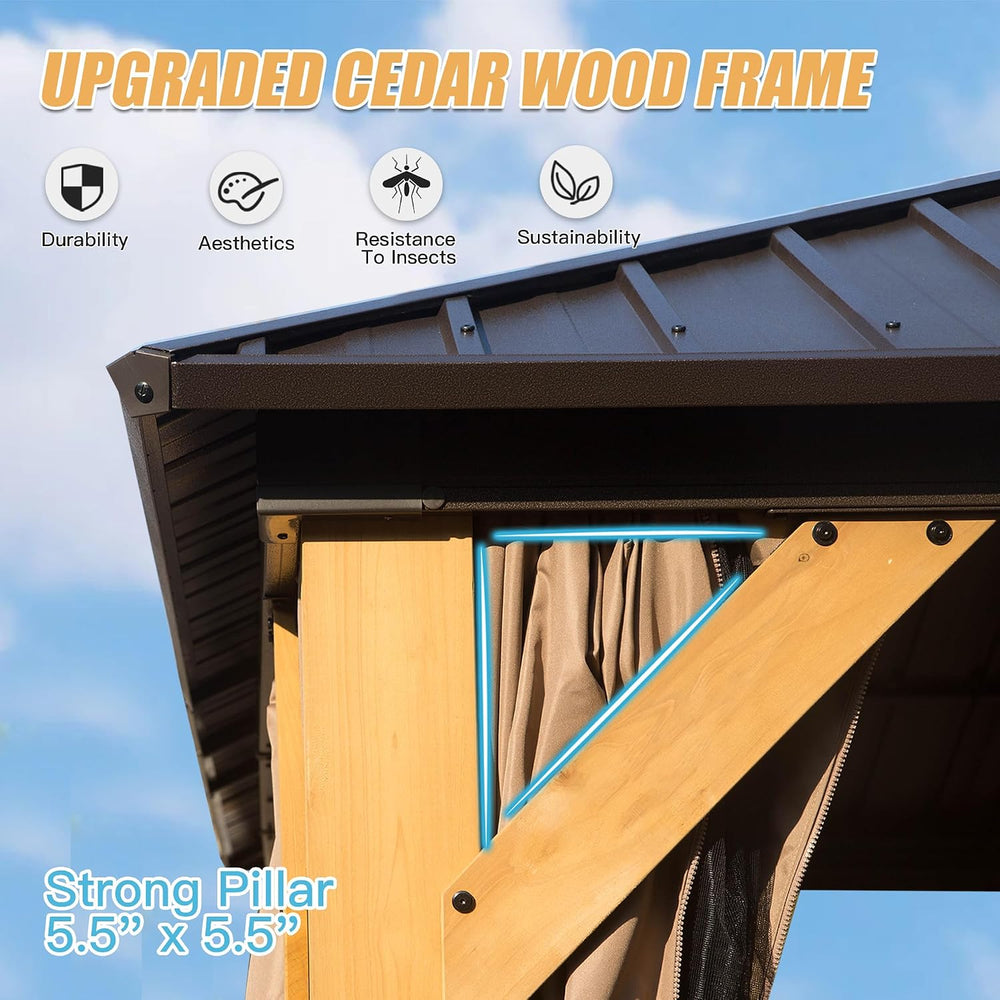 Domi 10' X 14' Wood Gazebo, Cedar Frame Hardtop Gazebo with Galvanize...