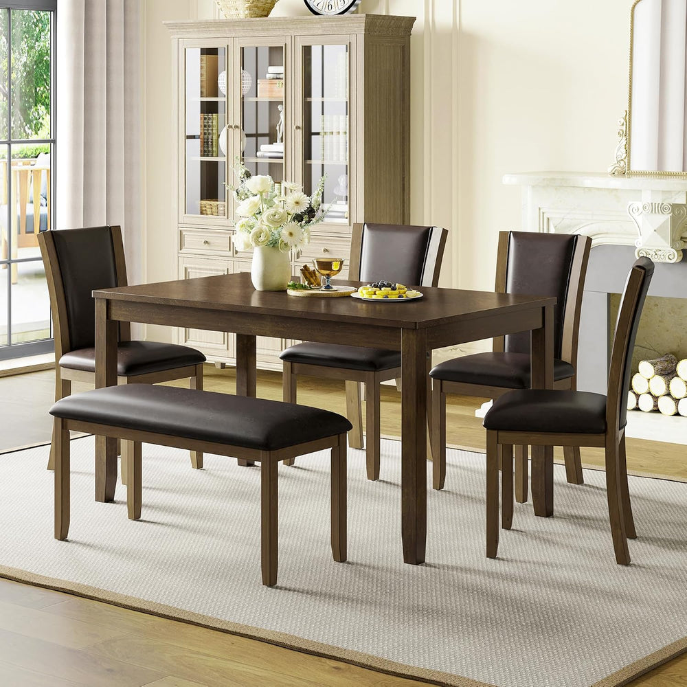 6-Piece Dining Table Set with Bench & 4 Chairs, Solid Wood, Dark Walnut