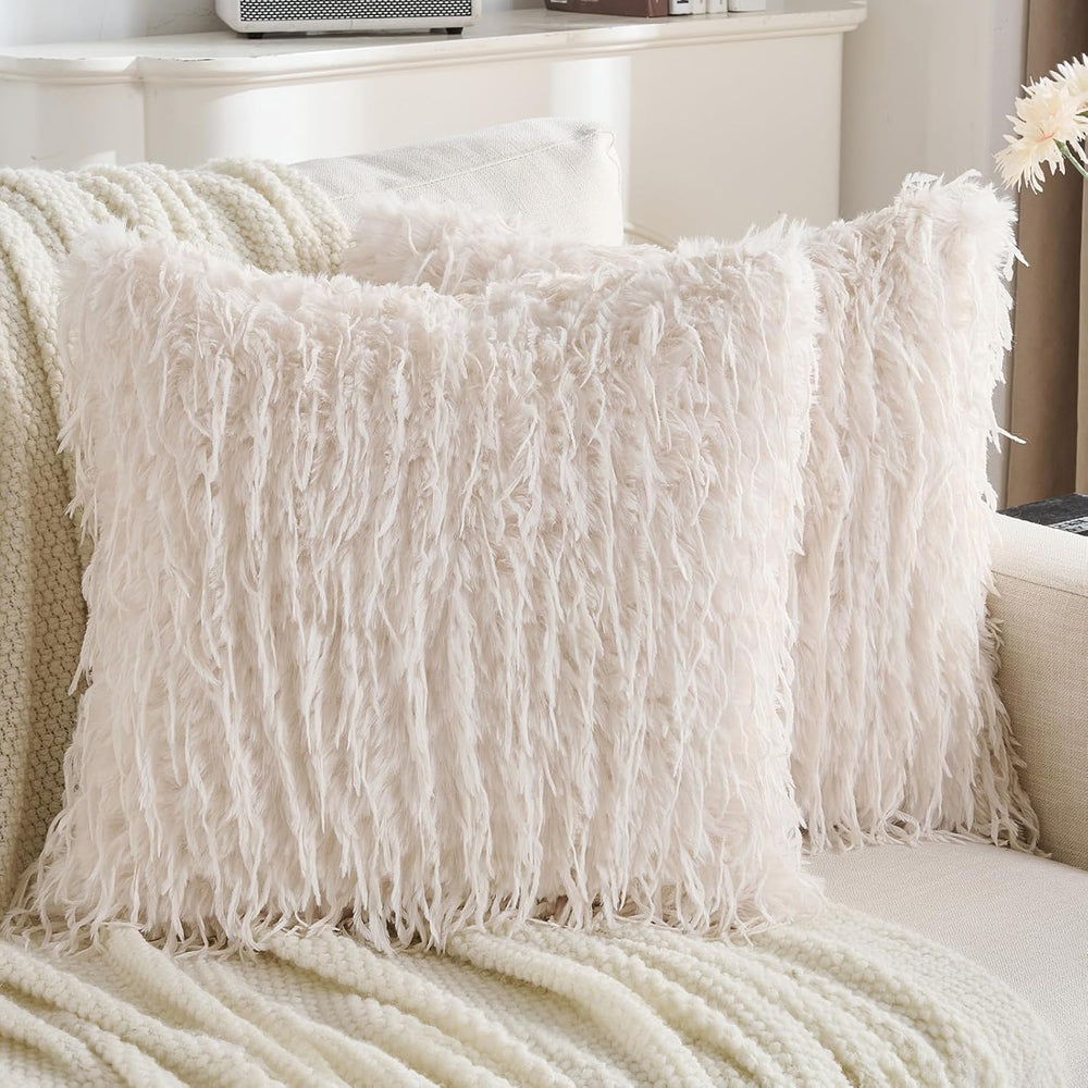 FUTEI Pack of 2 Fluffy Faux Fur Throw Pillow Covers 18x18 Inch, Cream White