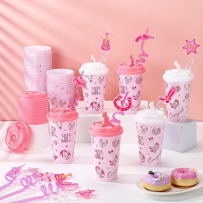 Yungyan 36 Sets Pink Cowgirl Party Favors Goodie Cups with Lids and Straws fo...