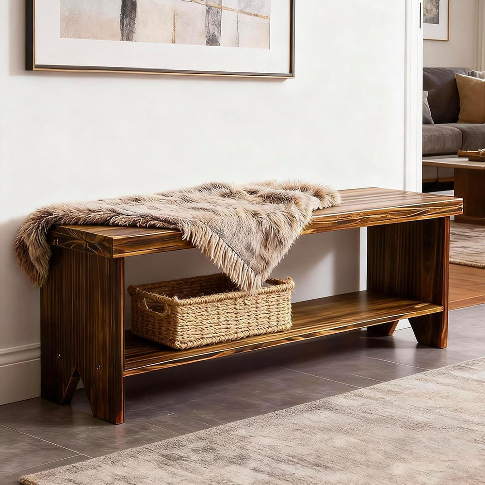 43" Solid Wood Farmhouse Bench, Entryway Bench with Storage Shelf, Vinta...