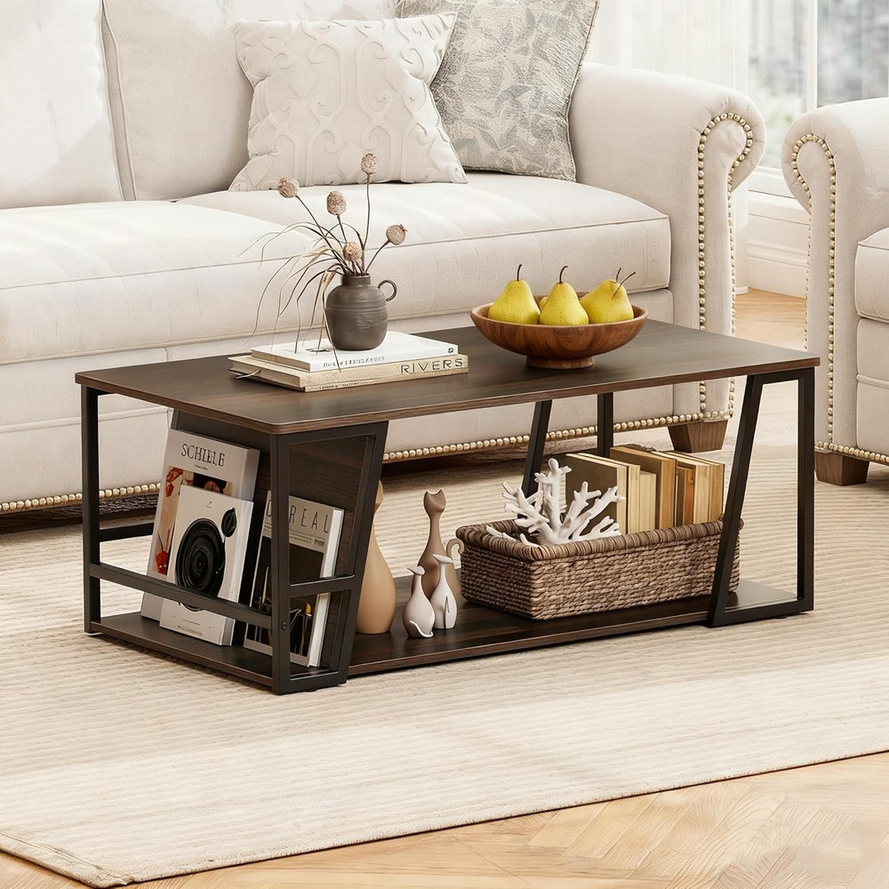 GIANTEX Modern Coffee Table with Storage, 2-Tier Wood Center Table, Brown