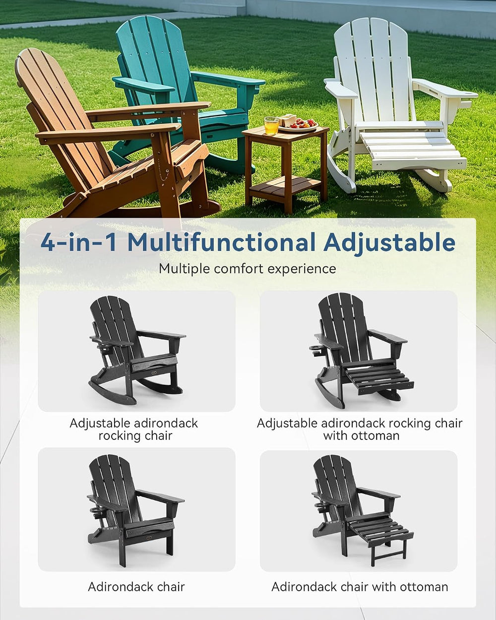 Adirondack Rocking Chair Set of 2 with Retractable Ottoman and Cup Holders, H...