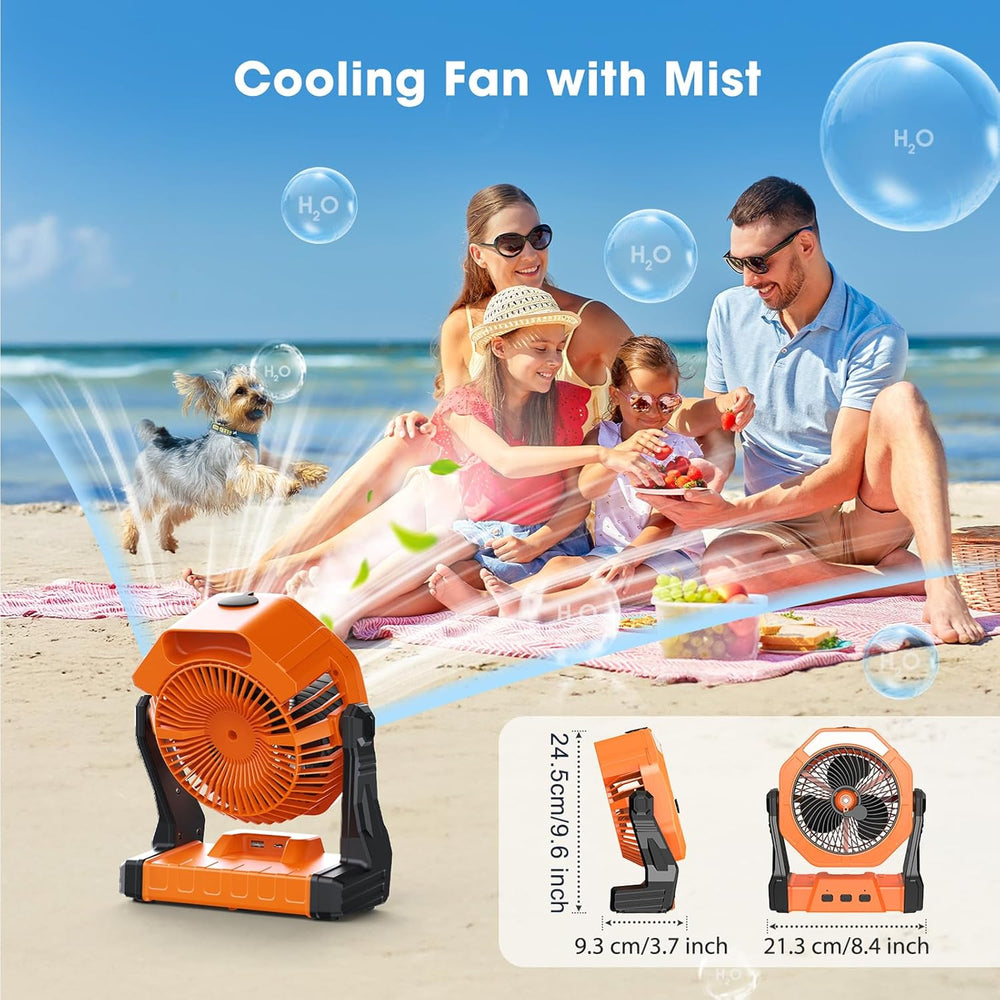 Ausic Portable Misting Fan, Outdoor Rechargeable Fan, LED Light, Hook, 35H