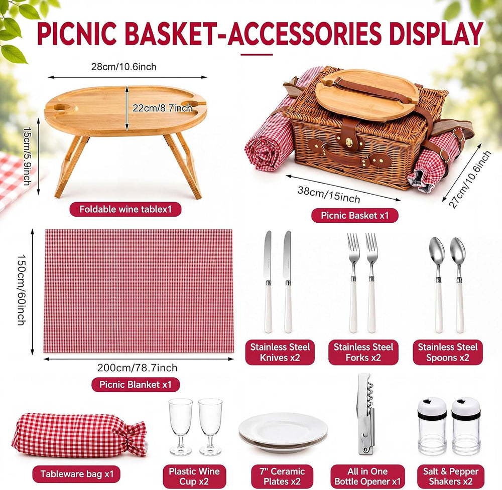 Wicker Picnic Basket Set for 2 with Foldable Table, Blanket, Insulated Liner,...